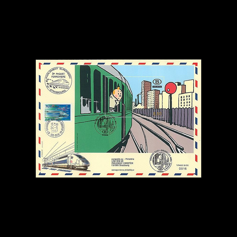 TIN07-SNCBT1 : 2007 - Bloc Tintin SNCB 1er Jour Bruxelles + TGV Parlement européen TIN07-SNCBT1 : 2007 - Bloc Tintin SNCB 1er Jour Bruxelles + TGV Parlement européen