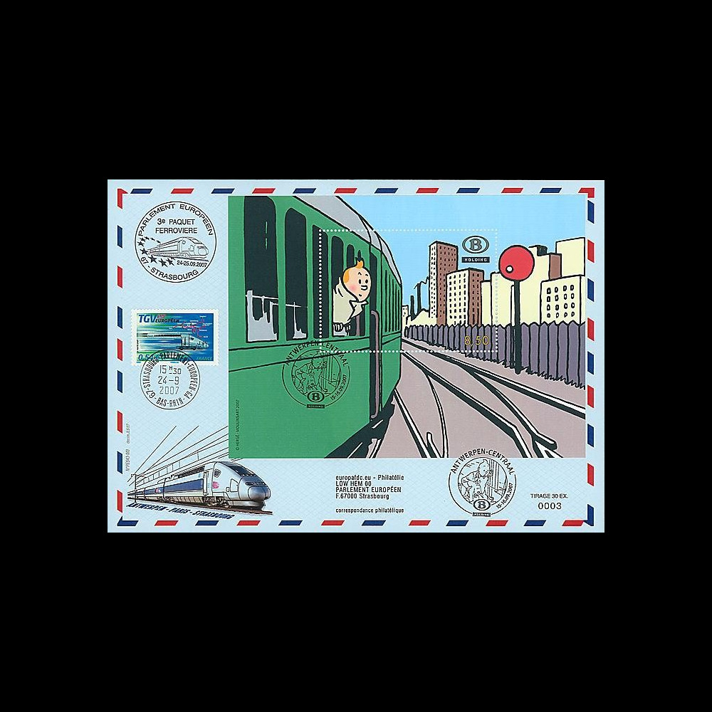 TIN07-SNCBT3 : 2007 - Bloc Tintin SNCB 1er Jour Antwerpen + TGV Parlement européen TIN07-SNCBT3 : 2007 - Bloc Tintin SNCB 1er Jour Antwerpen + TGV Parlement européen