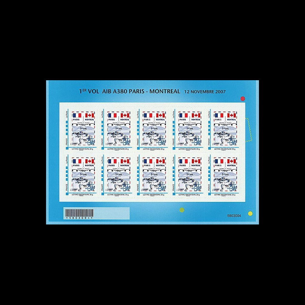 A380-53F : 2007 - Feuillet 20g France '1er vol de présentation Paris - Montreal'