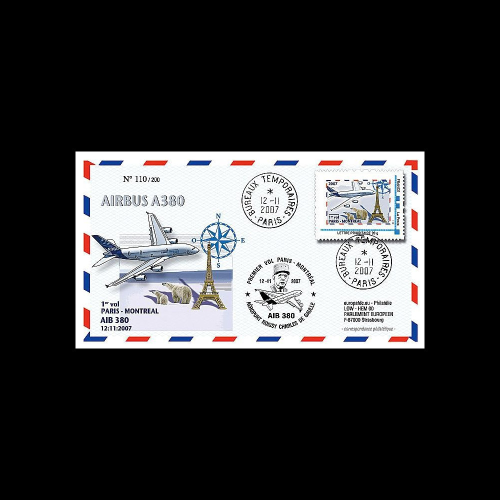 A380-55 : 2007 - FDC France '1er vol de présentation Paris - Montreal'