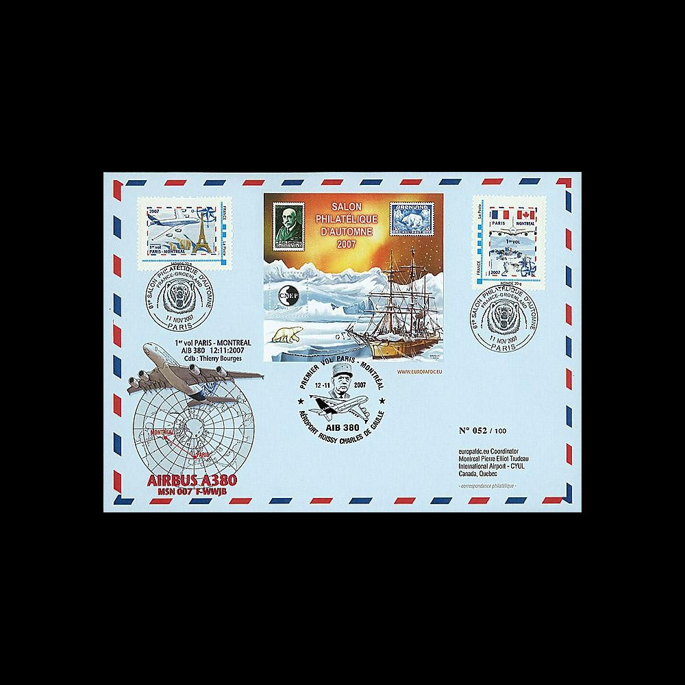 A380-54 : 2007 - Maxi FDC France '1er vol Paris - Montreal'