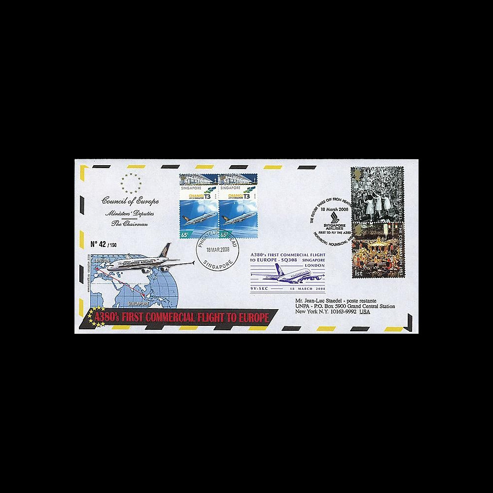 A380-59 : 2008 - Pli spécial '1er vol commercial Singapore-London'