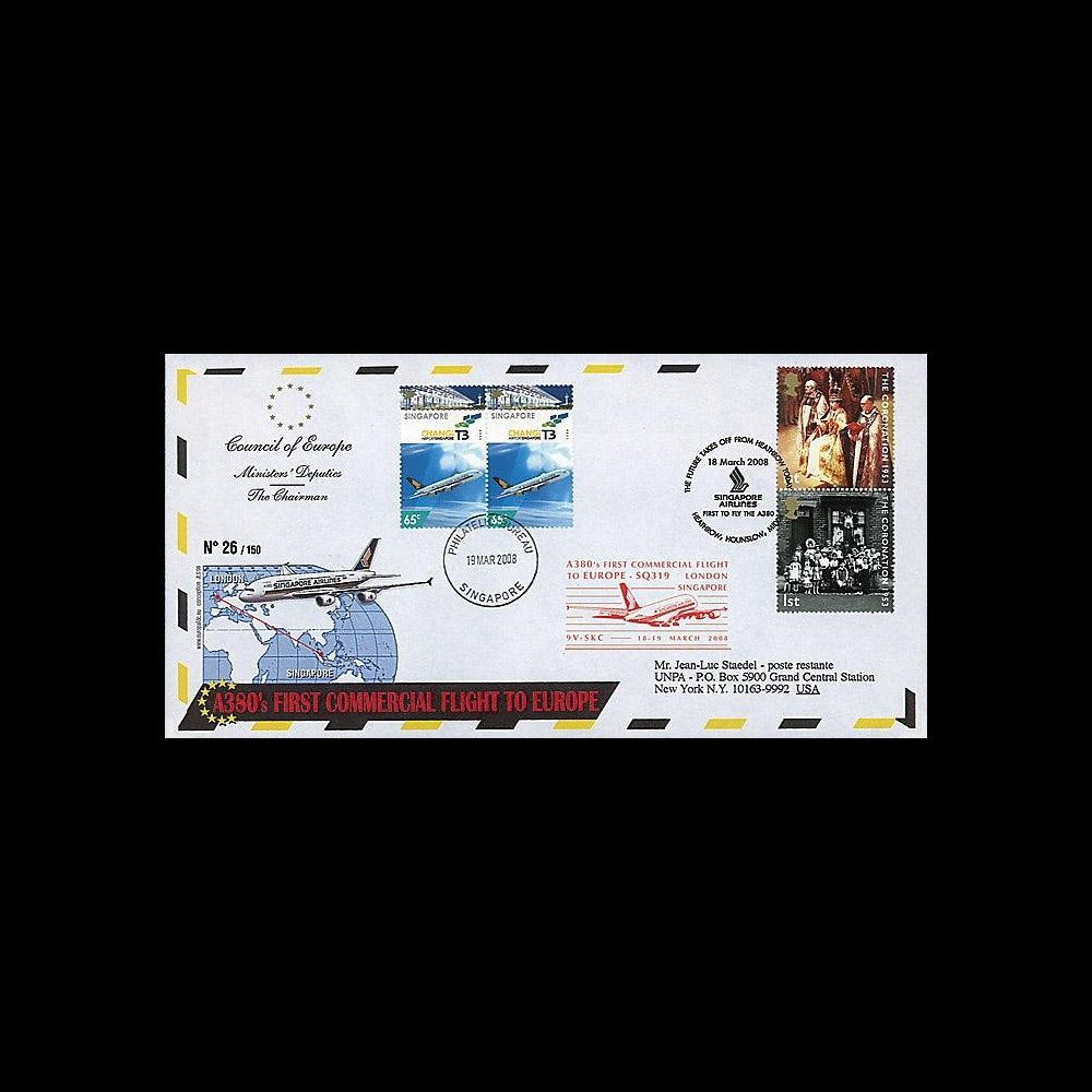 A380-60 : 2008 - Pli spécial '1er vol commercial London-Singapore'