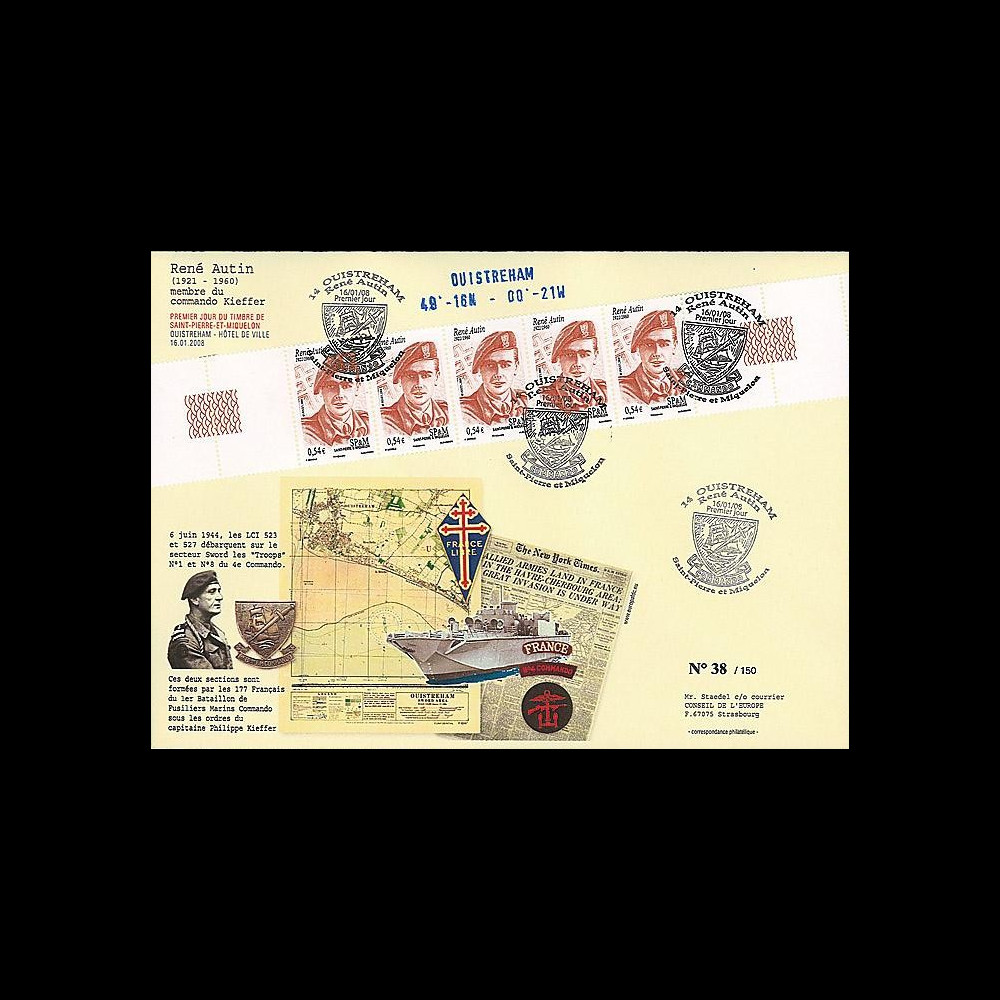 SPM08-1M T1 : 2008 -  Maxi-FDC SPM 1er Jour Ouistreham - René Autin