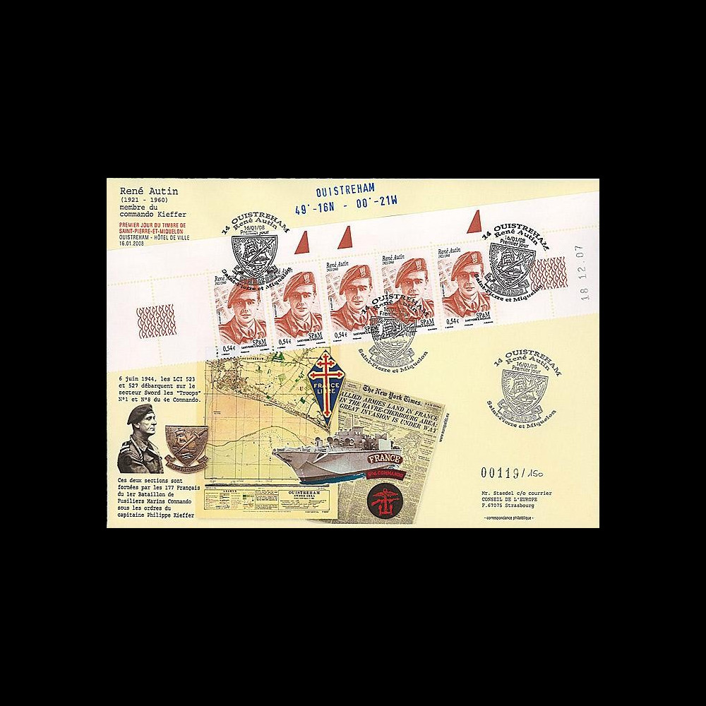 SPM08-1M T3 : 2008 -  Maxi-FDC SPM 1er Jour Ouistreham - René Autin