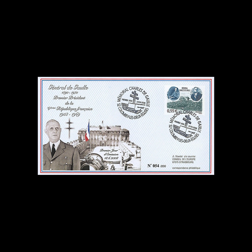 DG08-1T1 : 2008 - FDC "1er Jour - Mémorial DE GAULLE" (Colombey-les-Deux-Eglises)