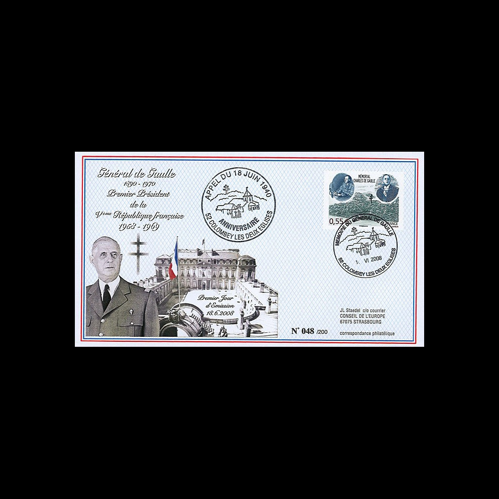 DG08-1T3 : 2008 - FDC "DE GAULLE - 68 ans Appel 18 Juin" (Colombey-les-Deux-Eglises)