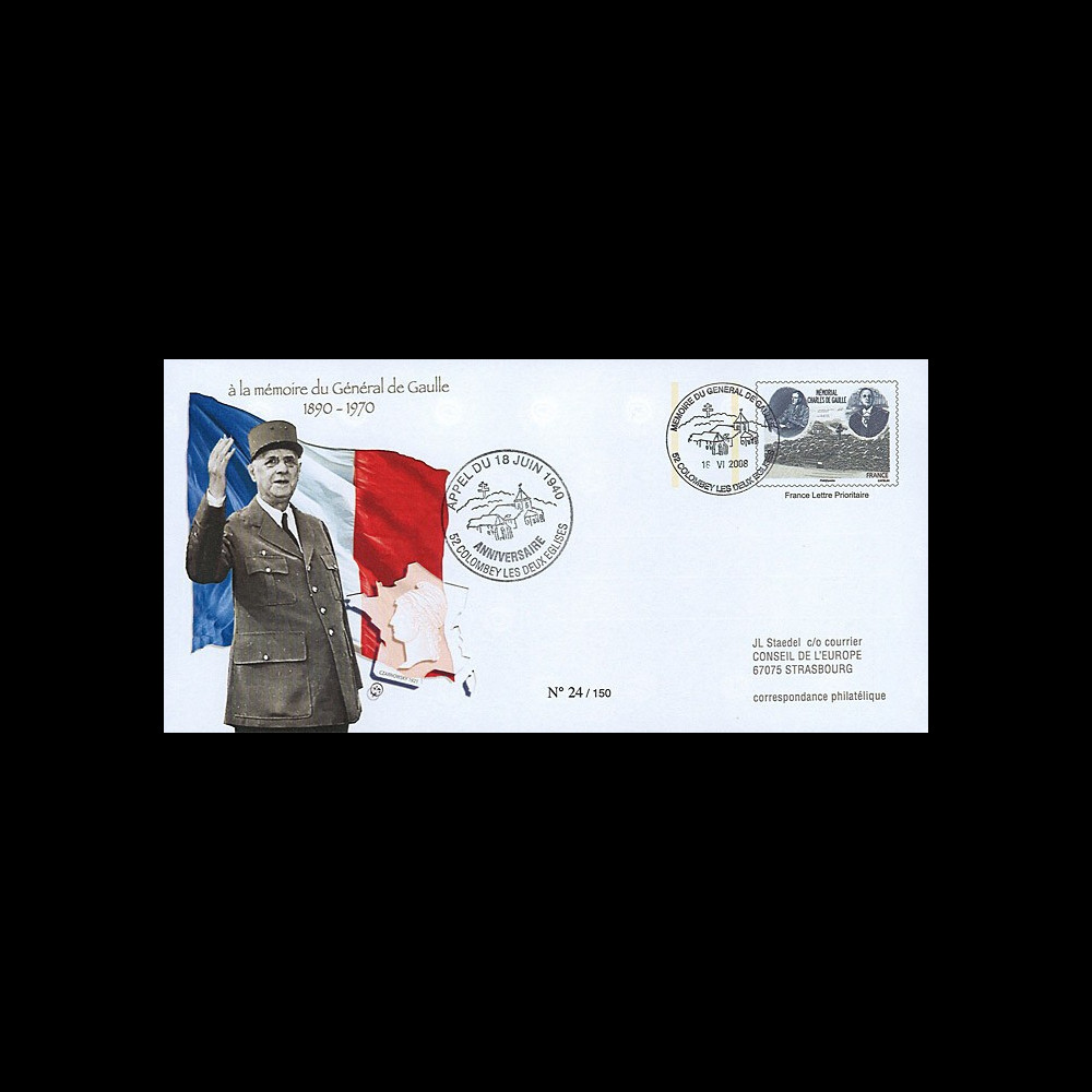 DG08-2T3 : 2008 - Entier Postal "Mémorial DE GAULLE - 68 ans Appel du 18 Juin"