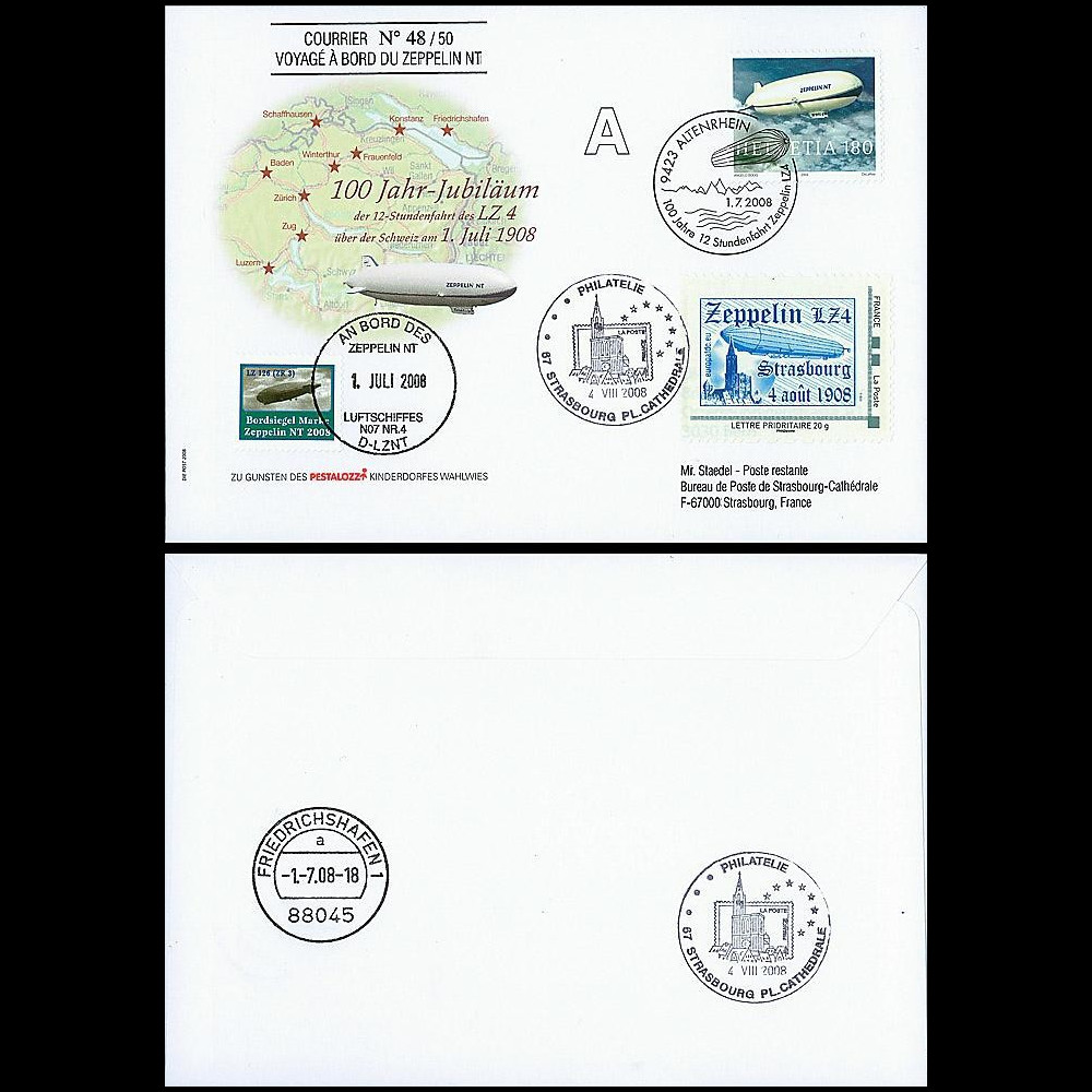 LZ408-3 : 2008 - Pli 'LZ4 au dessus de la Suisse' voyagé sur Zeppelin NT
