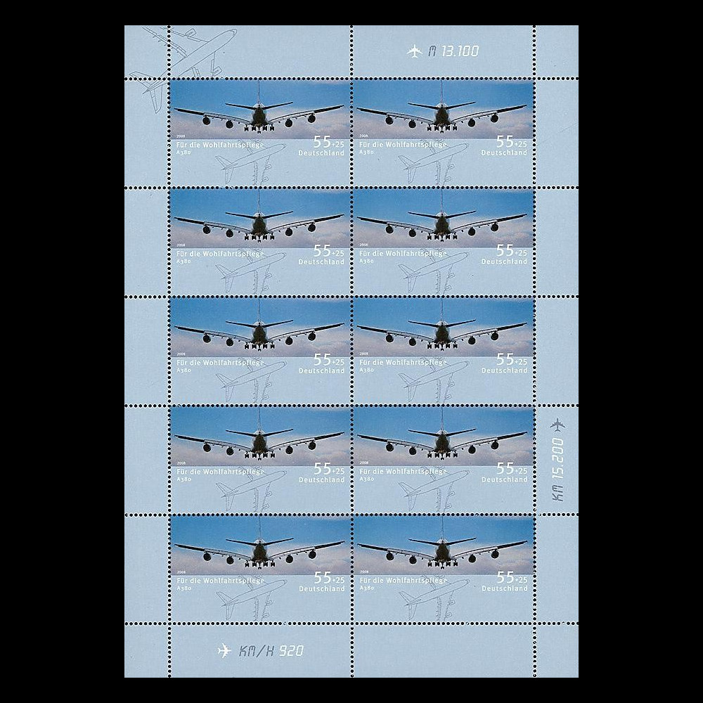 A380-64F : 2008 - Feuillet de 10 TP de bienfaisance à surtaxe 'A380' (All)