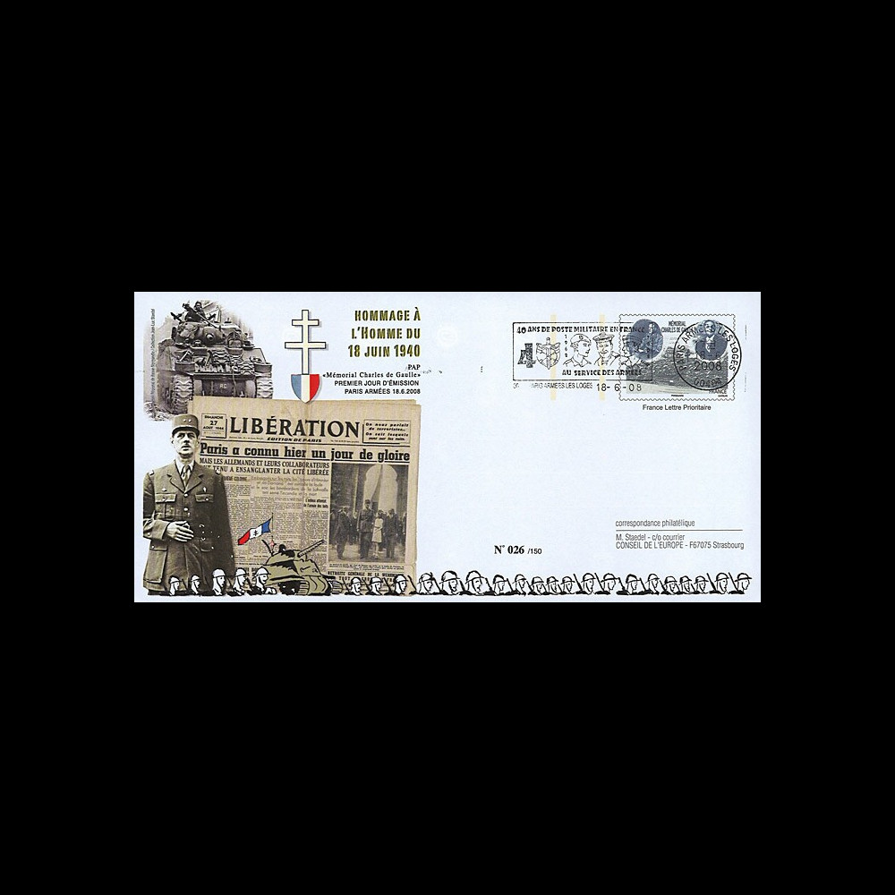 DG08-4PAP : 2008 - Entier Postal "DE GAULLE - 68 ans Appel 18 Juin" (Armées les Loges)