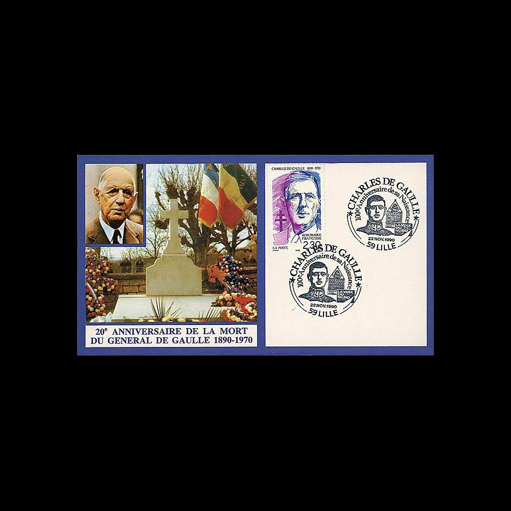 DG90-CP3 : 1990 - Carte Lille '20 ans mort de Gaulle + 100 ans naissance'
