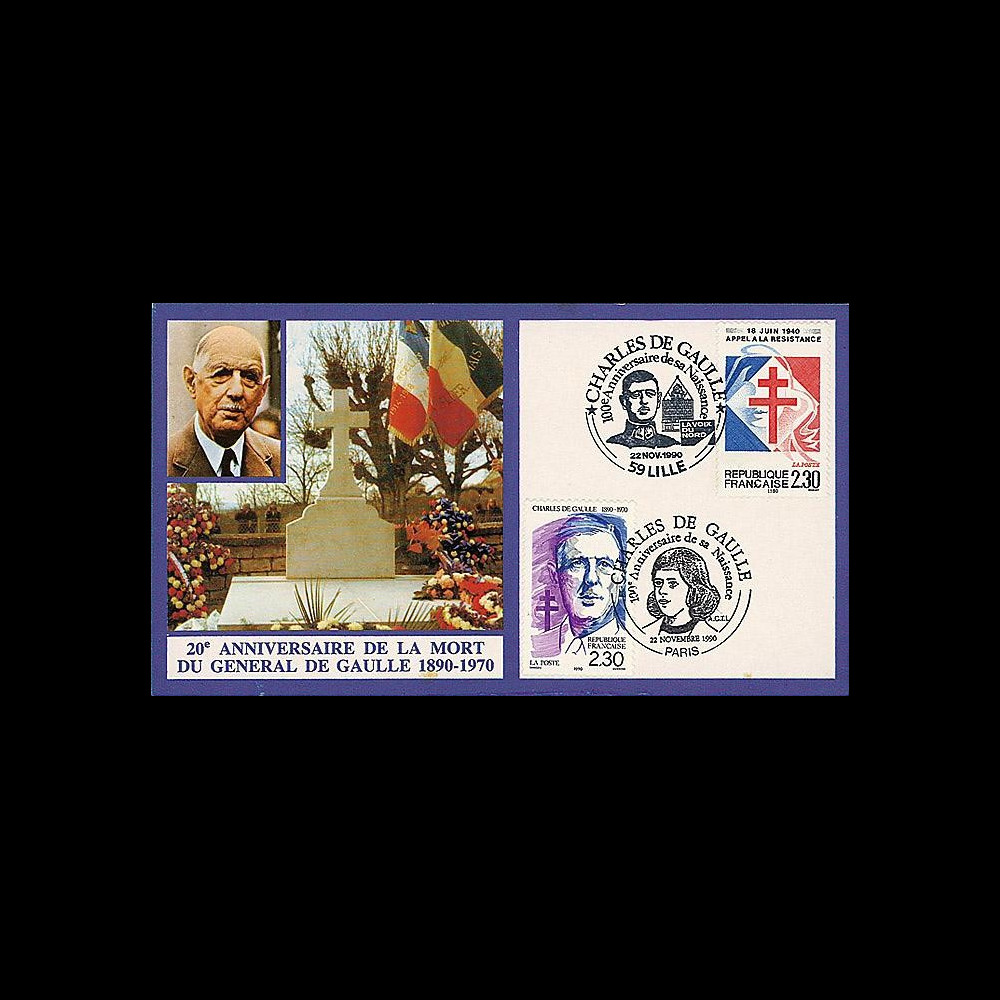 DG90-CP4 : 1990 - Carte '20 ans mort de Gaulle + Lille et Paris 100 ans naissance'
