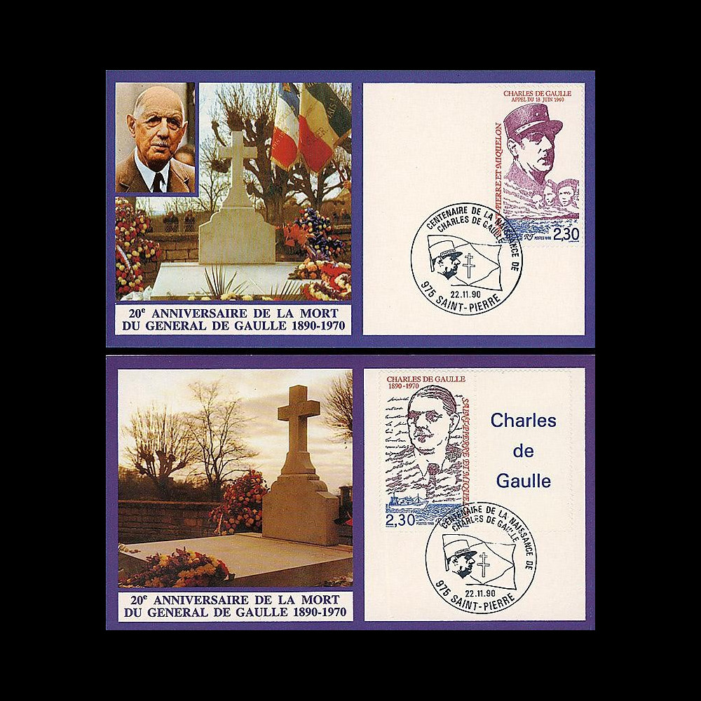 DG90-CP5-6 : 1990 - 2 CP '20 ans mort de Gaulle' St-Pierre-et-Miquelon