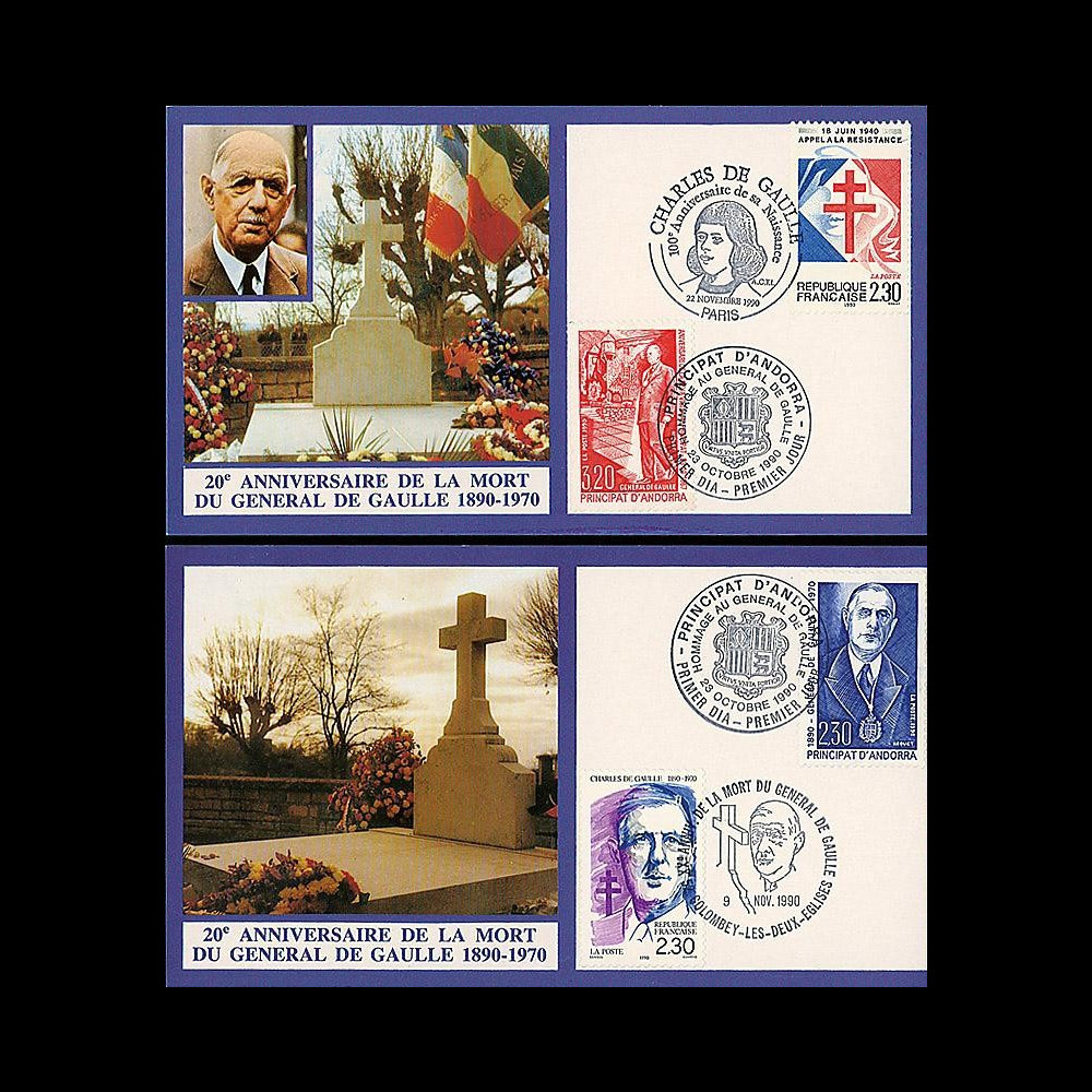 DG90-CP7-8 : 1990 - 2 CP '20 ans mort de Gaulle' France-Andorre