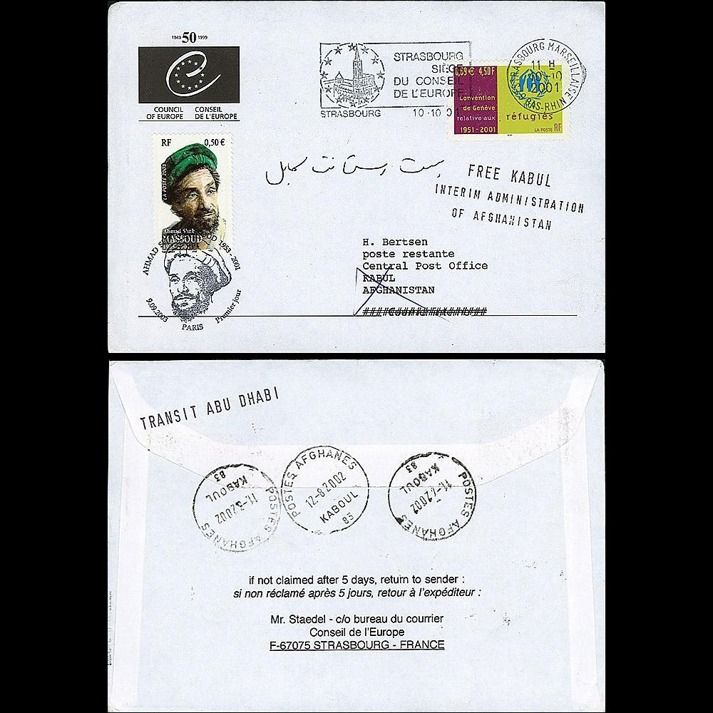 PE472A T1 : 2001 - Pli 'transit Abu Dhabi - arrivée et réexpédition Kaboul'