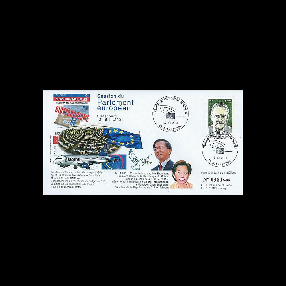 PE443 : 2001 - FDC 'Situation du transport aérien - visite 1ère Dame de Chine'