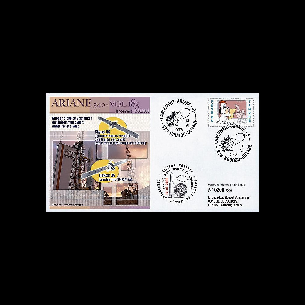 V183L-T2 - France 2008 : FDC Kourou Vol 183 Ariane 540