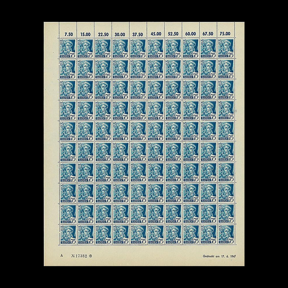 BAD 11P : 1947 - Planche 100 TP 75Pf 'Baldung' - Bade