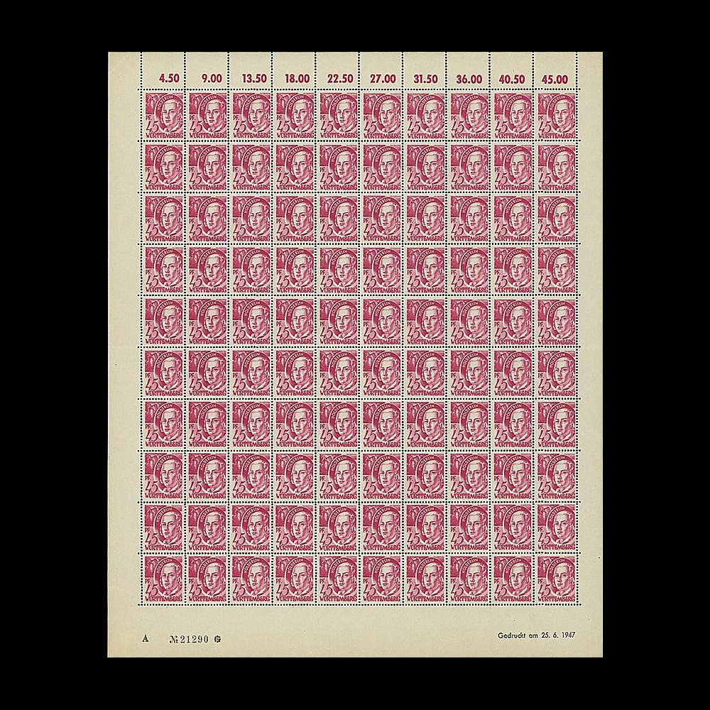 WURT 9P : 1947 - Planche 100 TP 45Pf 'Hölderlin' - Wurtemberg