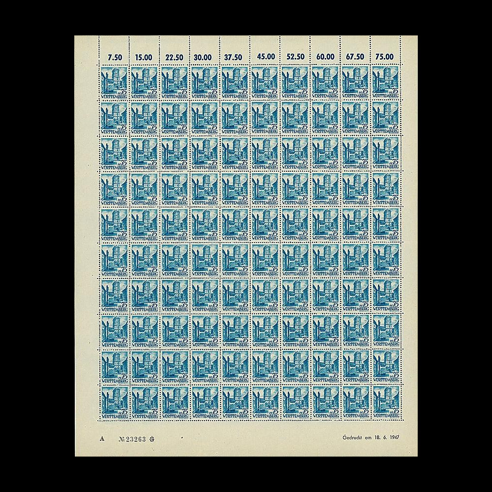 WURT 11P : 1947 - Planche 100 TP 75Pf 'Wangen' - Wurtemberg