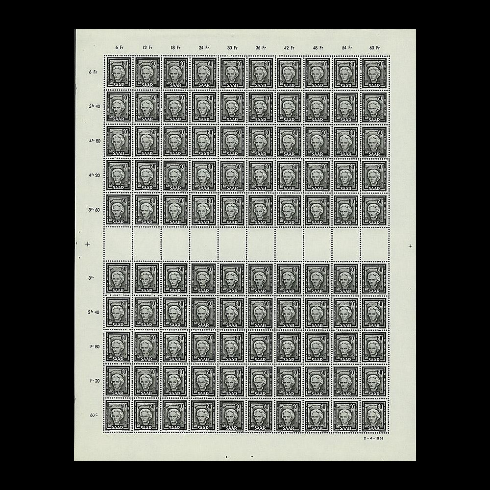 SAR 283P : 1951 - Planche 100 valeurs 60c 'Beethoven' - Sarre