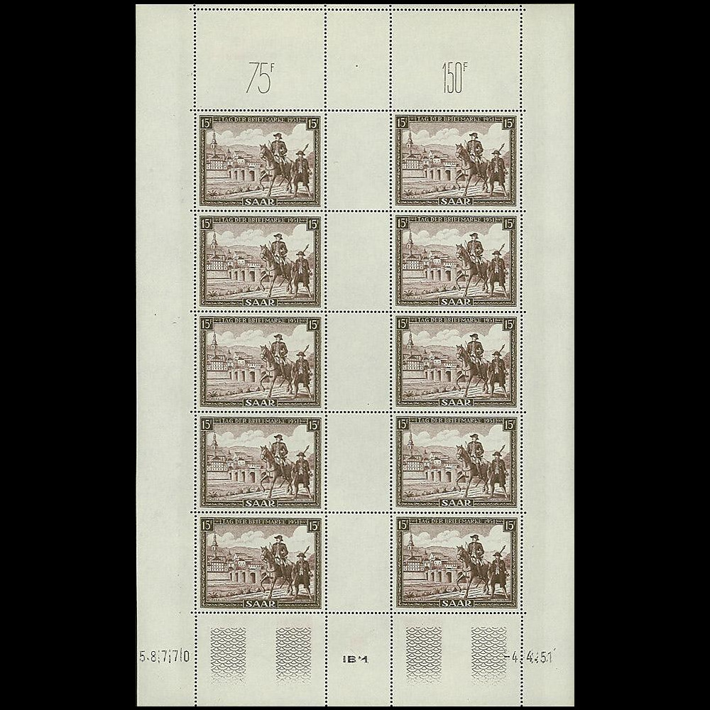 SAR 291F : 1951 - Feuillet 10 valeurs 15f 'Journée du Timbre' - Sarre