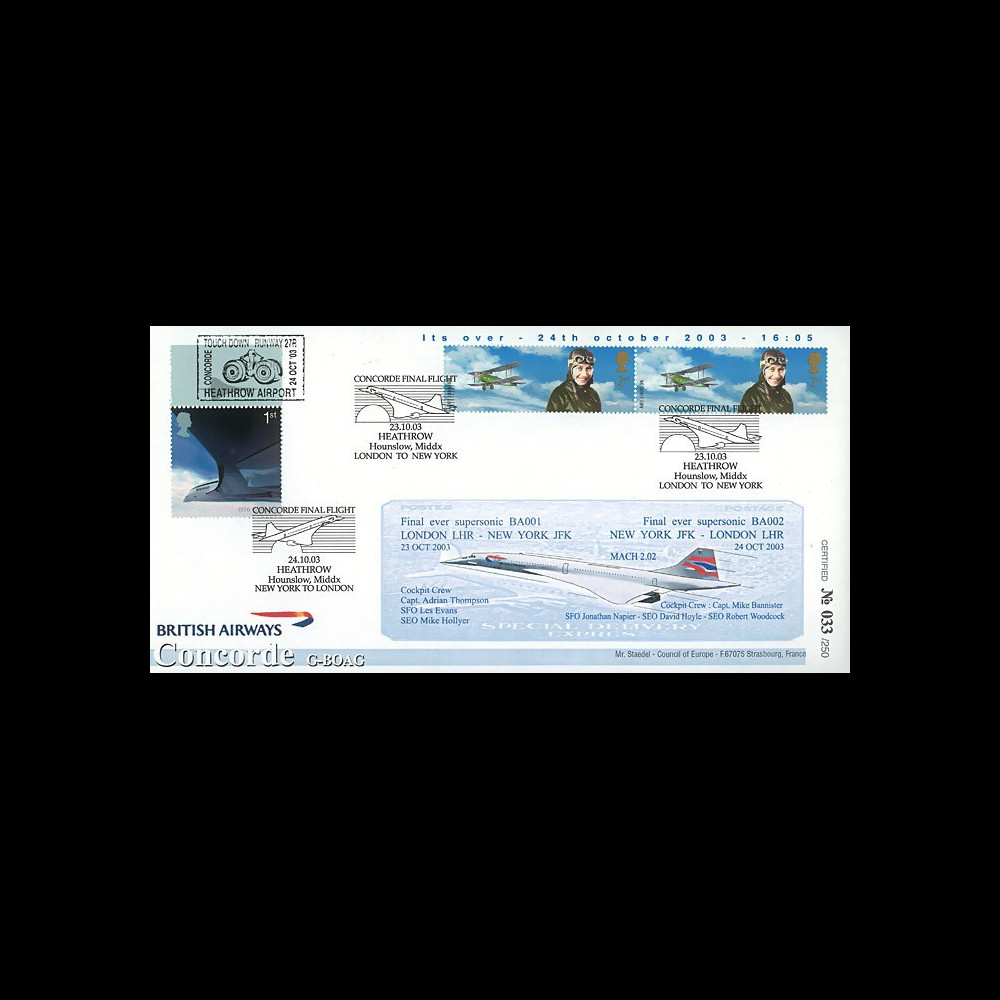 CO-RET V13 : 2003 - GB - FDC "Clôture de la ligne New York - Londres" Concorde BA001