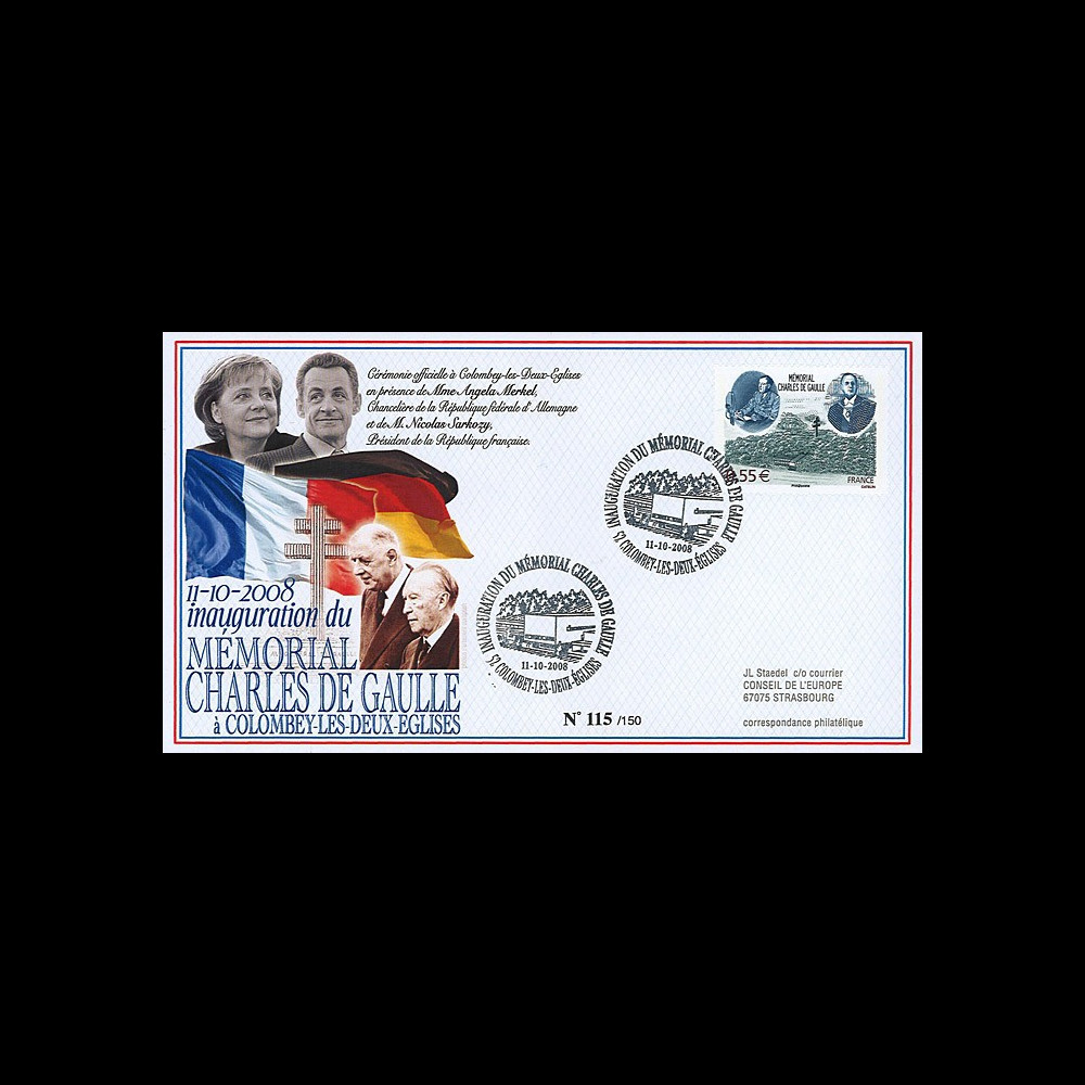 DG08-6 : 2008 - FDC "Inauguration Mémorial DE GAULLE / M. SARKOZY & Mme MERKEL"