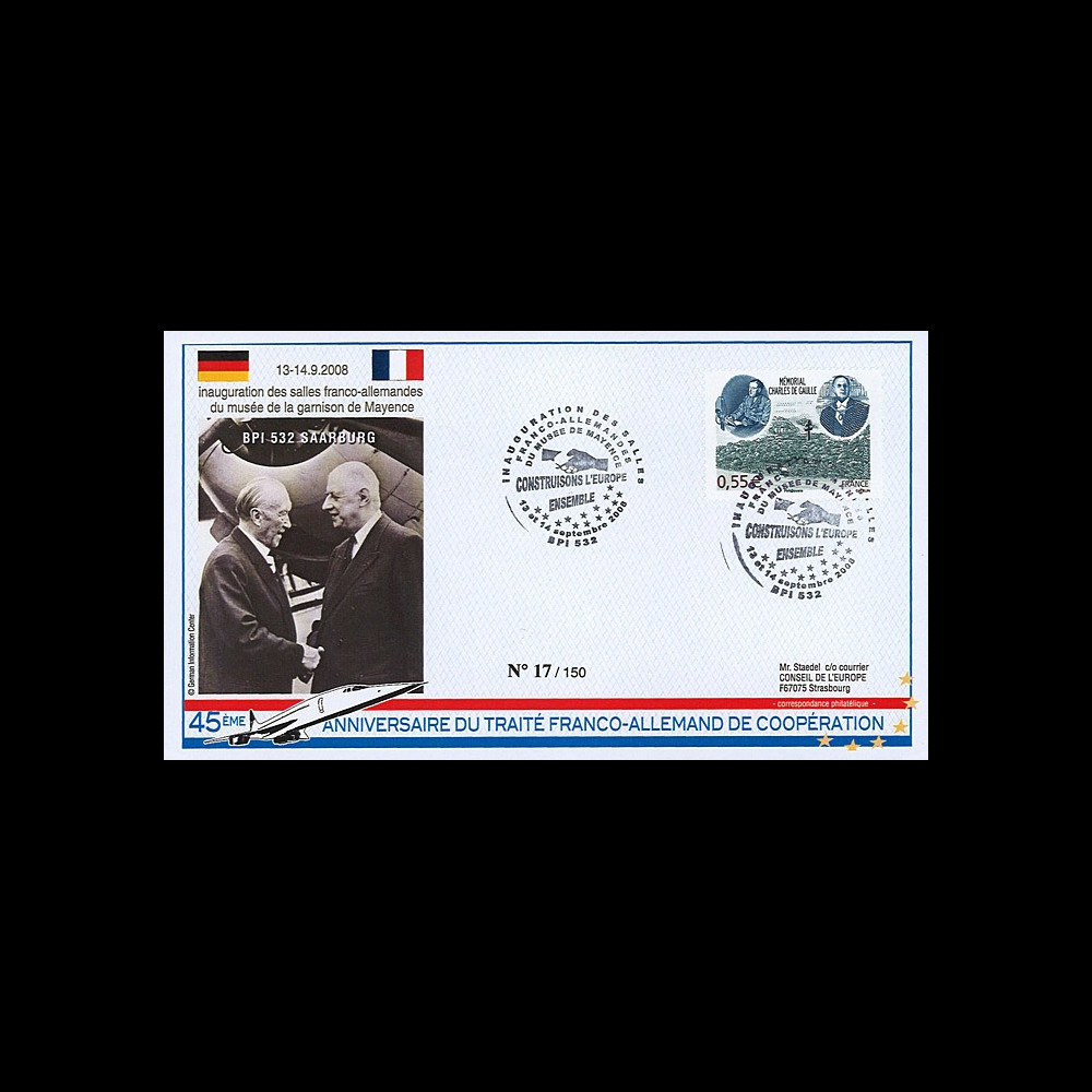 DG08-10T1 : 2008 - FDC ALLEMAGNE "BPI 532 SAARBURG à Mayence / DE GAULLE & ADENAUER"
