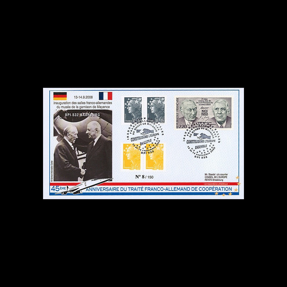 DG08-10T2 : 2008 - FDC ALLEMAGNE "BPI 532 SAARBURG à Mayence / DE GAULLE & ADENAUER"