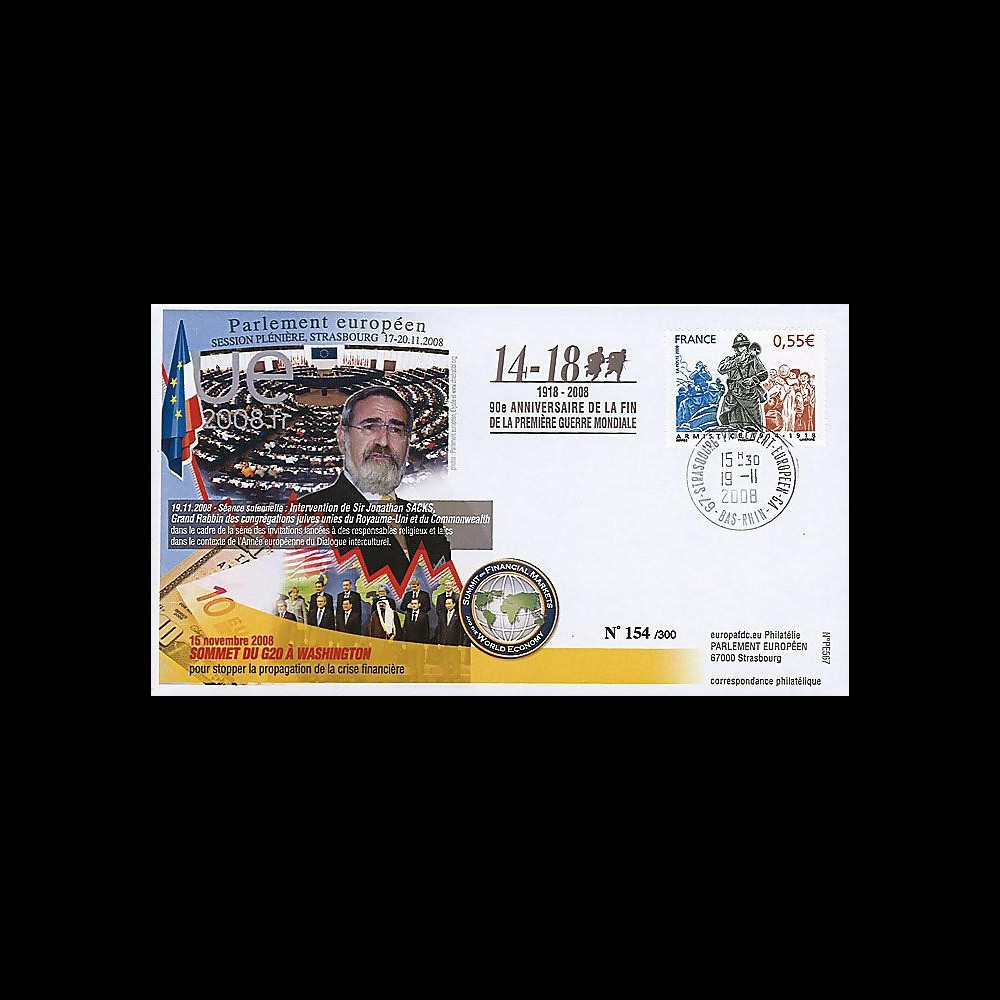 PE567 : 2008 - FDC PE 'Armistice et discours du Gd Rabbin Sacks PE567 : 2008 - FDC PE 'Armistice et discours du Gd Rabbin Sacks