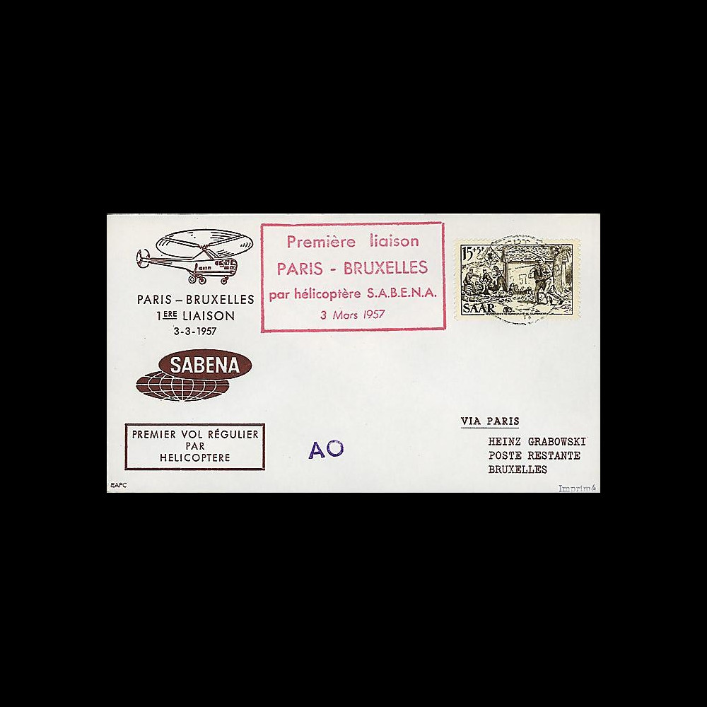 SAB57-H1 : 1957 - Pli '1er vol par hélicoptère SABENA Paris-Bruxelles'