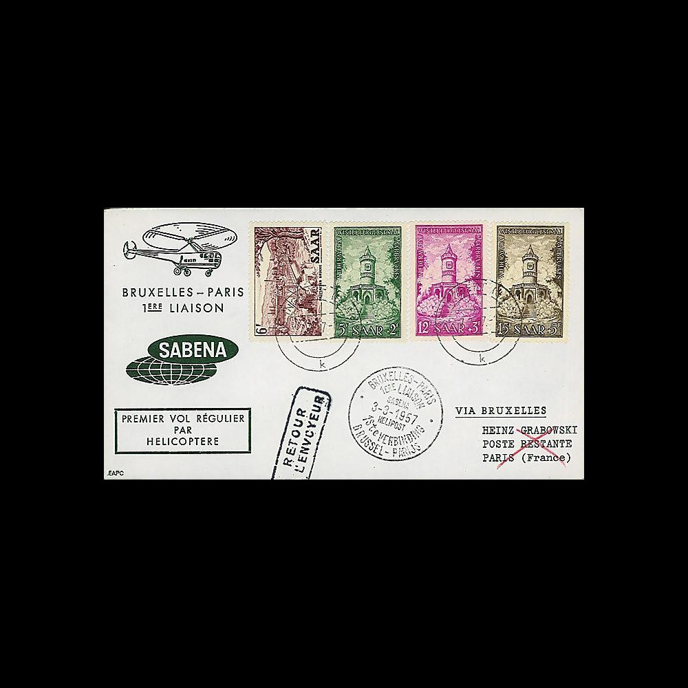 SAB57-H2 T1 : 1957 - Pli '1er vol par hélicoptère SABENA Bruxelles-Paris'