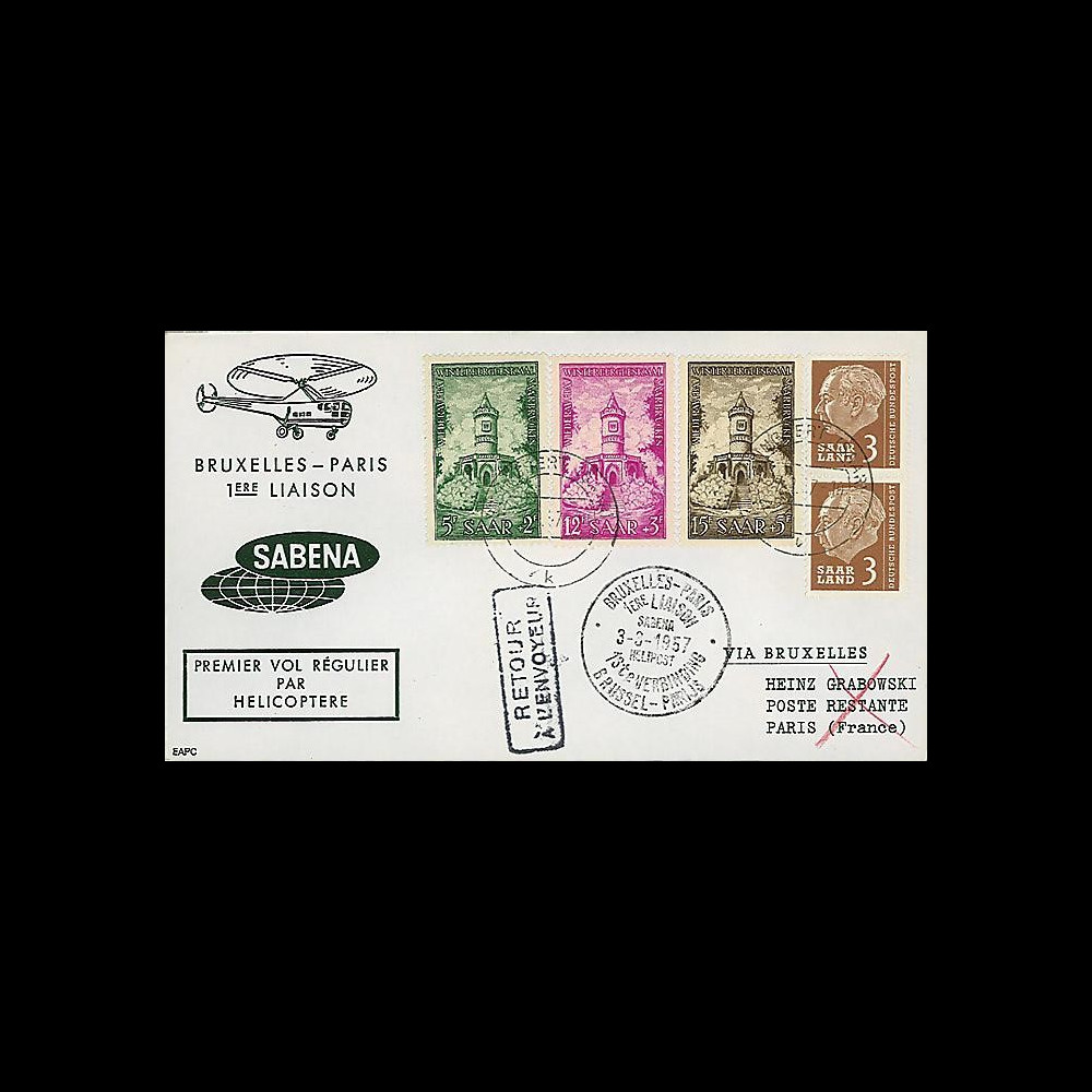 SAB57-H2 T2 : 1957 - Pli '1er vol par hélicoptère SABENA Bruxelles-Paris'