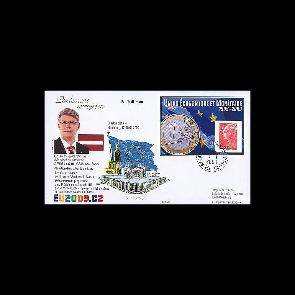 PE570 : 2009 - FDC Visite Pdt Lettonie M. Zatlers + Présidence tchèque de UE