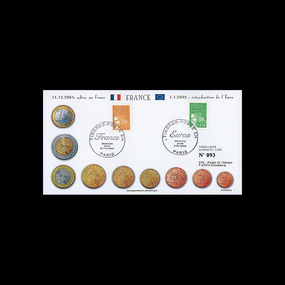 PE445-2 : 2002 - FDC 1er Jour TP 'Introduction de l'Euro' - France