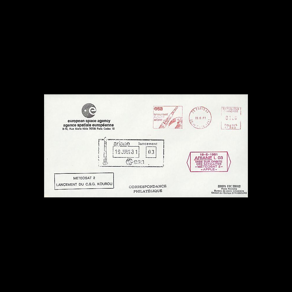 AR 9LA : 1981 - Env. ESA '3e lancement d'Ariane L03 réussi'