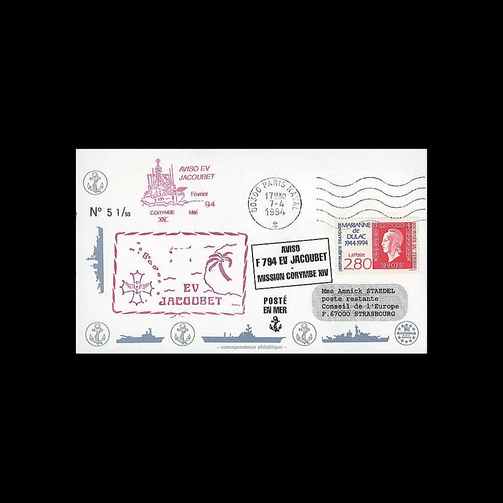 91NAV-FR31 : 1994 - Pli naval 'Aviso F794 EV JACOUBET' 91NAV-FR31 : 1994 - Pli naval 'Aviso F794 EV JACOUBET'