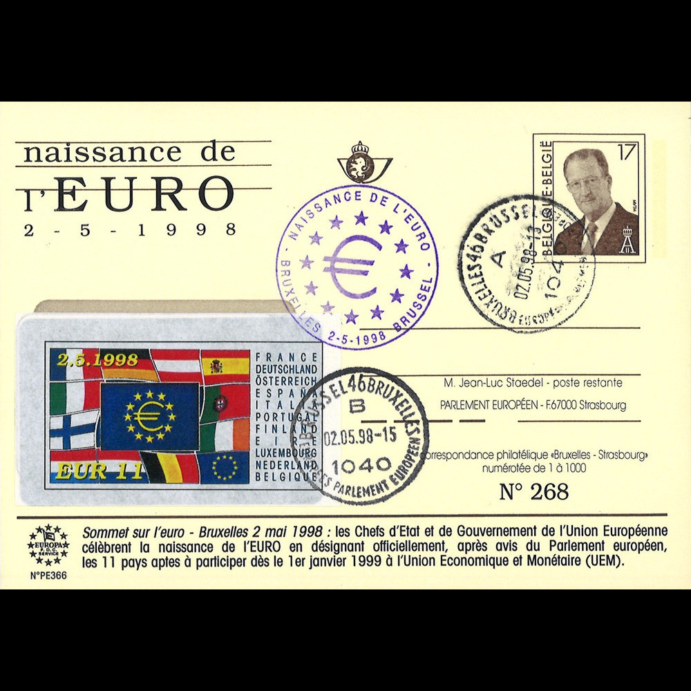 1 PE366 : 1998 - Entier postal belge 'Naissance EURO et 1pays aptes' / cachets A+B