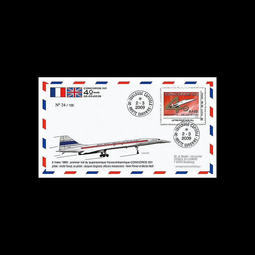 CO-RET40 : 2009 : FDC '40 ans 1er vol Concorde 001' - Lettre prio 20g