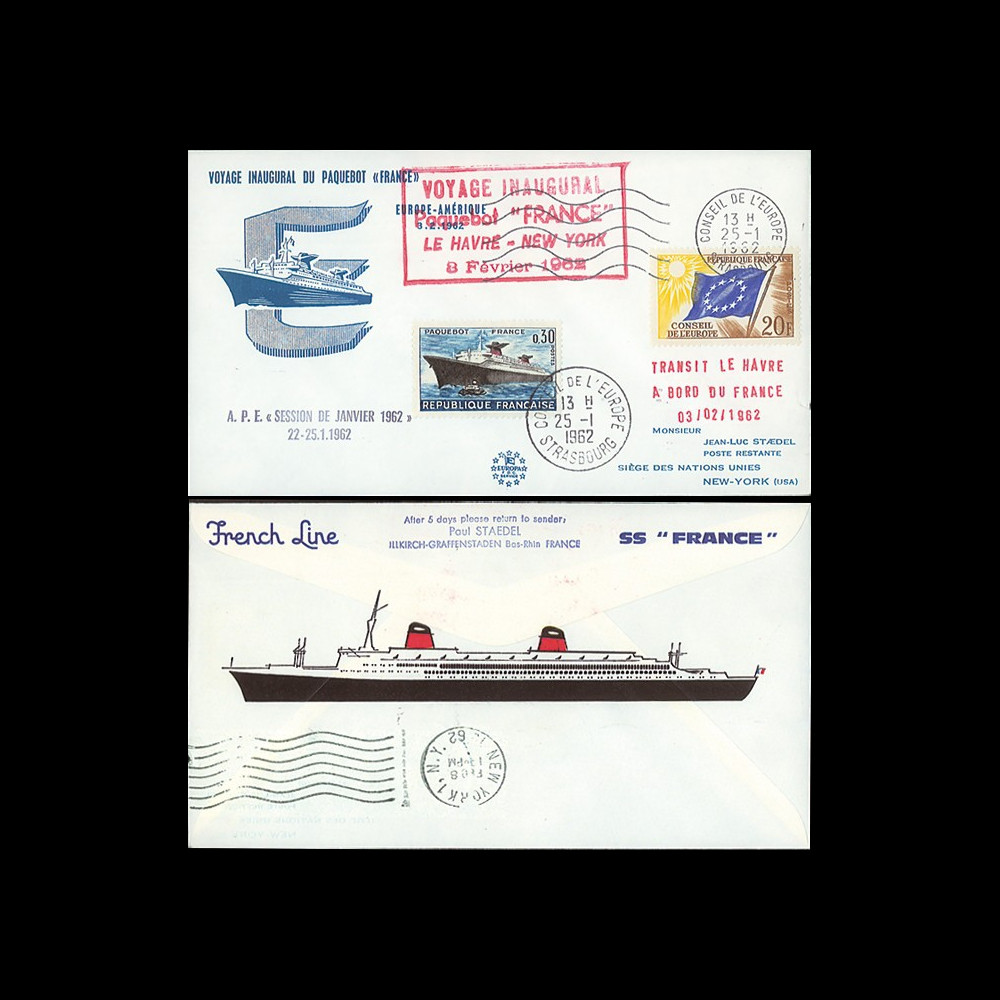 FRANCE-62 : 1962 - FDC "Voyage inaugural Le Havre - NY" du paquebot France FRANCE-62 : 1962 - FDC "Voyage inaugural Le Havre - NY" du paquebot France