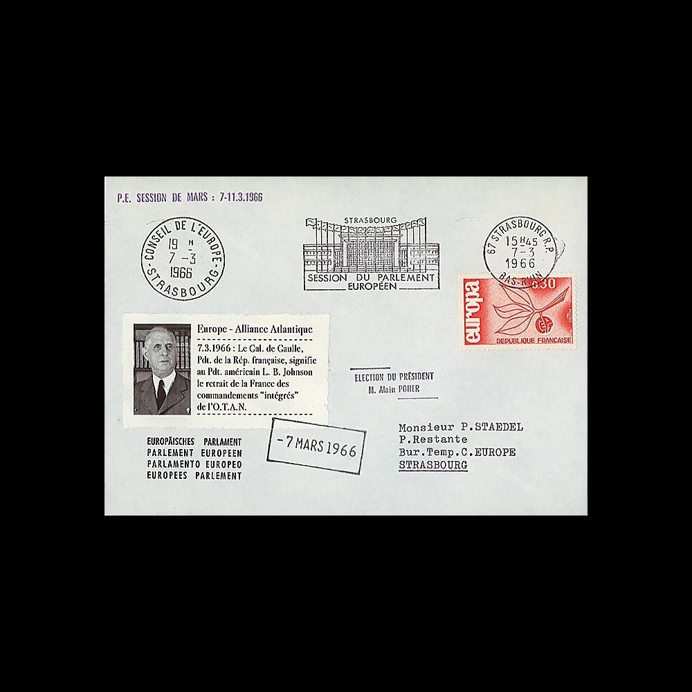 AP55-T1EO : 1966 - Env. entête PE 'la France se retire de l'OTAN & élection Pdt Poher'
