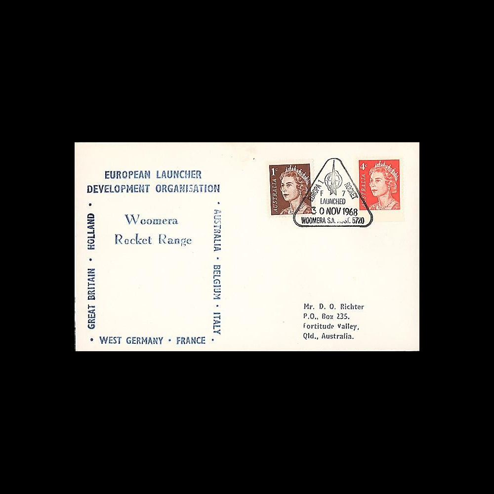 ELDO 5 : 1968 - FDC Woomera 'Fusée Europa I vol F7'