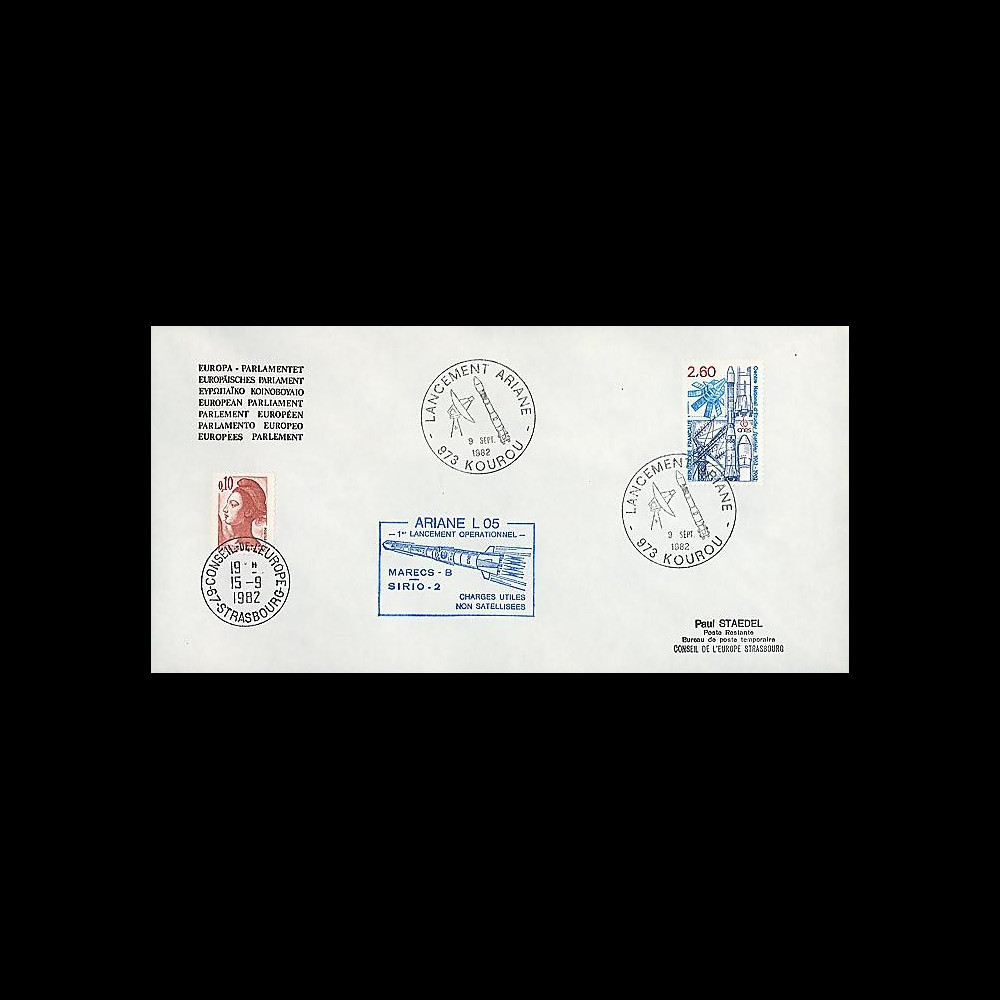 AR 14LA : 1982 - Env. entête Parlement eur. - Kourou 'Ariane L05'