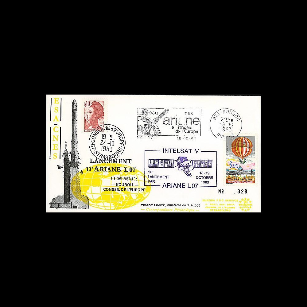 AR 17L T1 : 1983 - FDC Kourou 'Ariane L07 - satellite INTELSAT V'