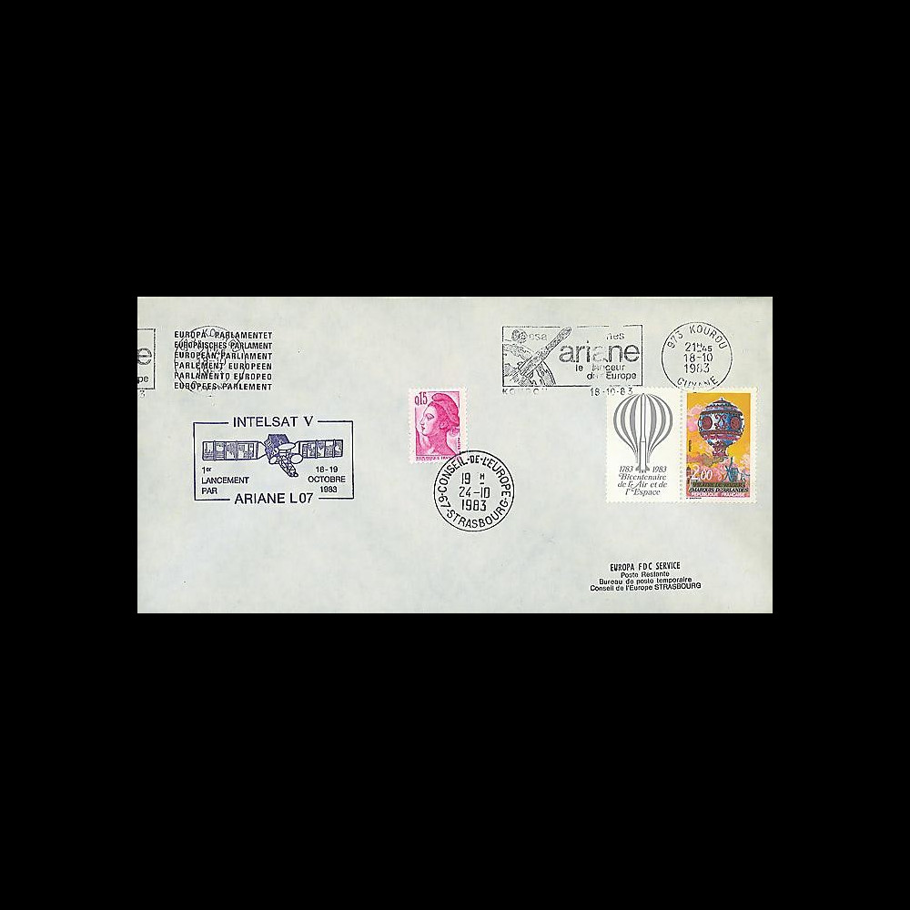 AR 17LA : 1983 - Env. entête PE Kourou 'Ariane L07 - sat. INTELSAT V'