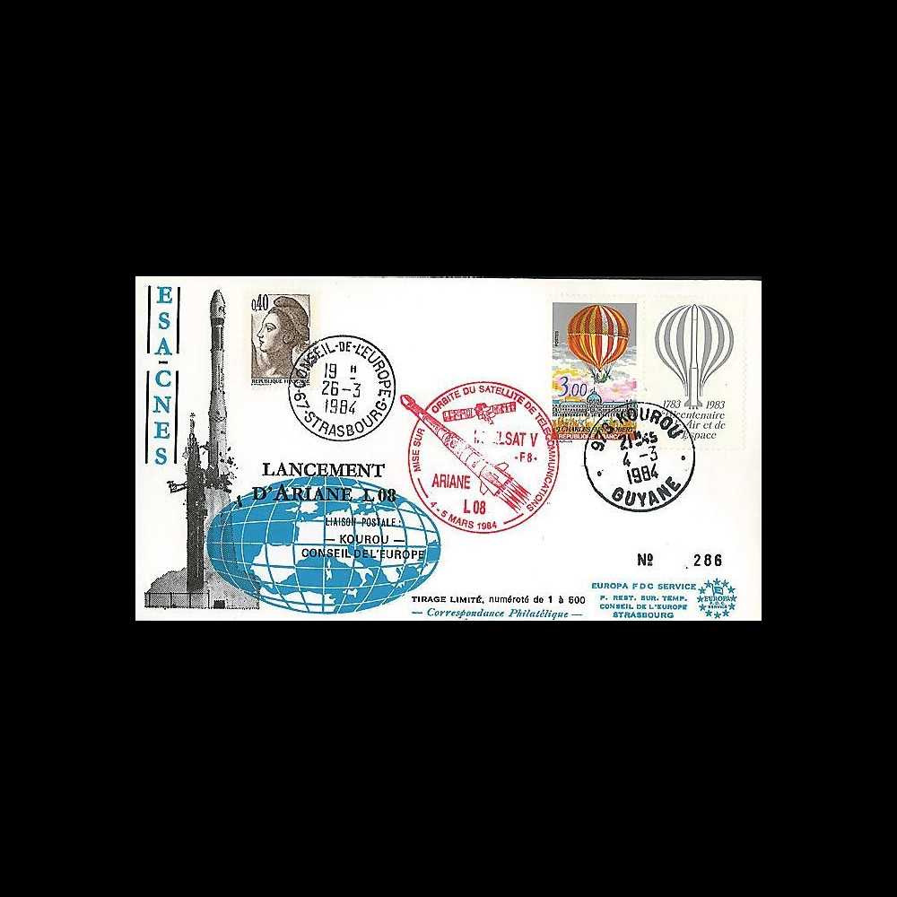 AR 18L T2 : 1984 - FDC Kourou 'Ariane L08 - sat. INTELSAT V - F8'
