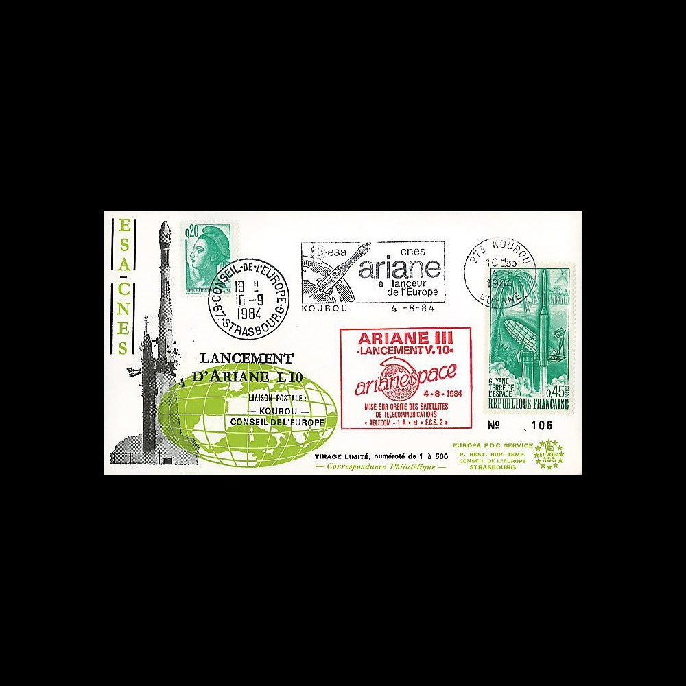 AR 20L T1 : 1984 - FDC Kourou 'Ariane L10 - sat. ECS-2 et Telecom 1A' AR 20L T1 : 1984 - FDC Kourou 'Ariane L10 - sat. ECS-2 et Telecom 1A'