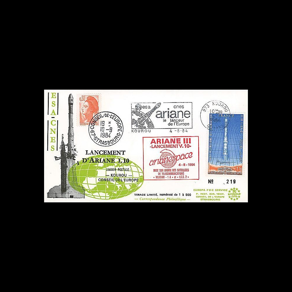 AR 20L T2 : 1984 - FDC Kourou 'Ariane L10 - sat. ECS-2 et Telecom 1A' AR 20L T2 : 1984 - FDC Kourou 'Ariane L10 - sat. ECS-2 et Telecom 1A'